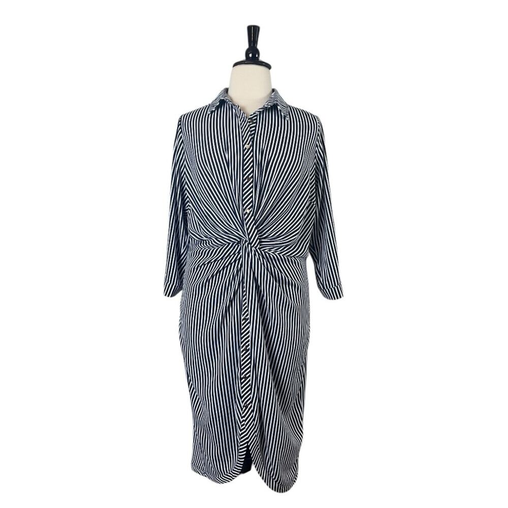 City Chic Midi Shirtdress Collar Twist Front Black White Stripe Women’s Size 16